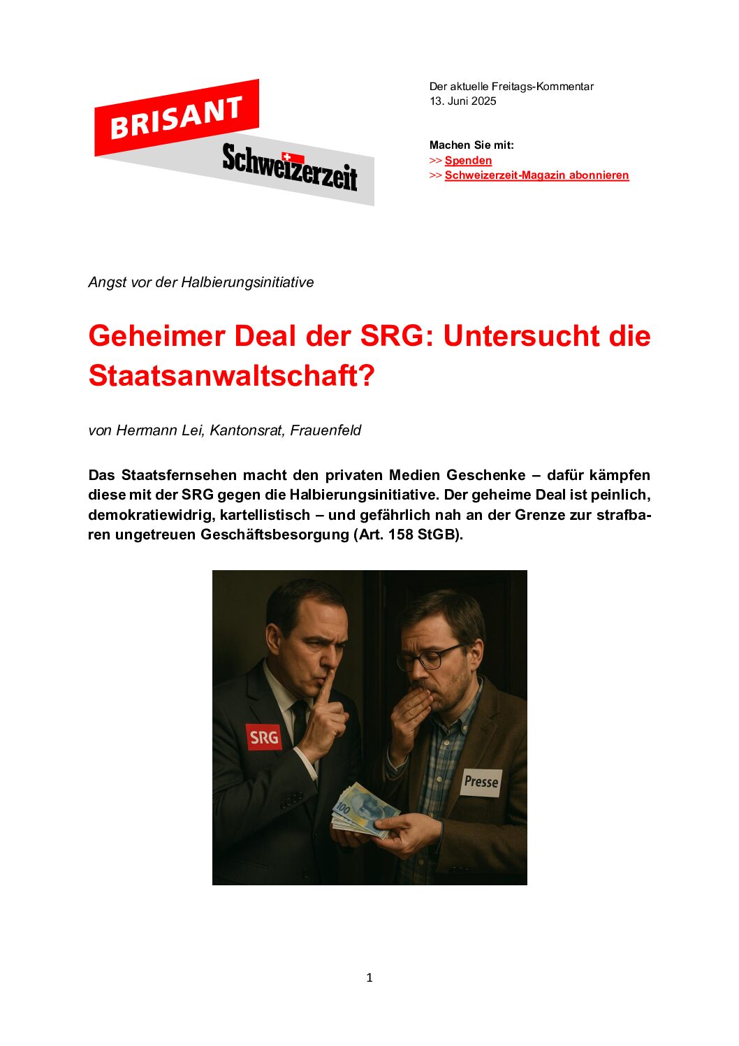 17.6.2025 Geheimer Deal der SRG – untersucht die Staatsanwaltschaft?