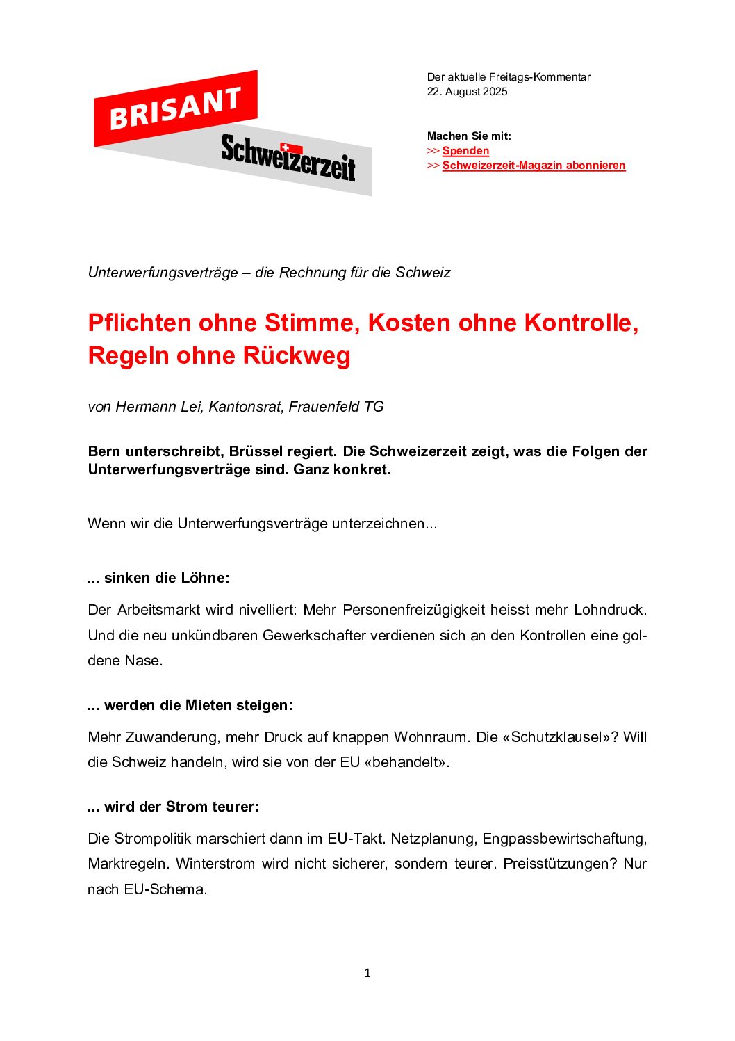 26.9.2025 Pflichten ohne Stimme, Kosten ohne Kontrolle, Regeln ohne Rückweg